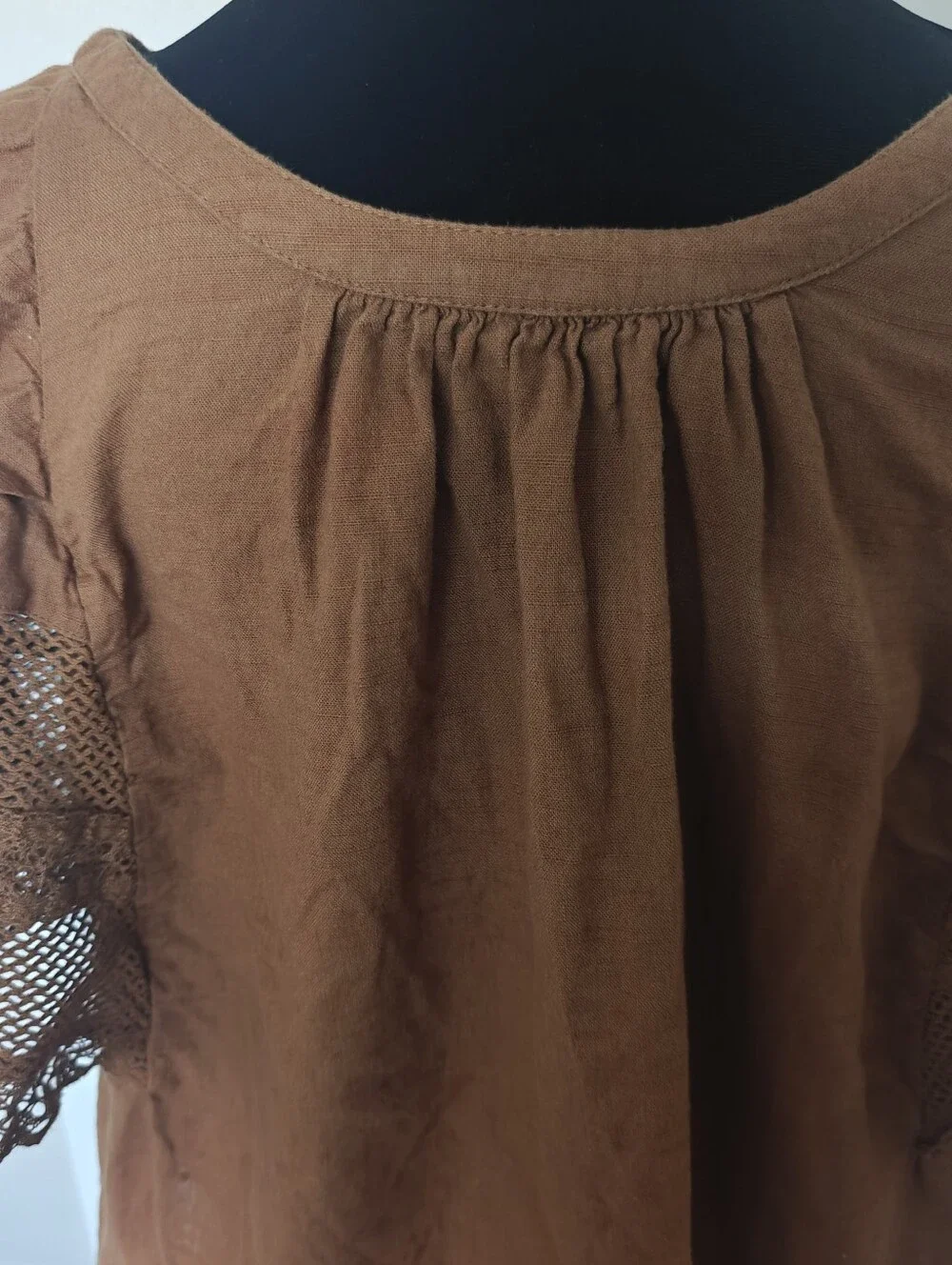 crochet mesh trim Top Cinnamon flutter sleeves L Cotton Peasant